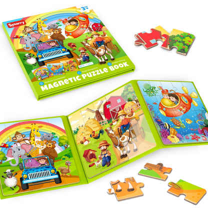 SYNARRY Magnetic Puzzles for Kids Ages 3-5, 20 Pieces Toddler Animal Puzzles for Kids Ages 4-6, Easter Basket Stuffers Gifts for Kids, Car Airplane Road Trip Activities Magnet Games Toy for Boys Girls