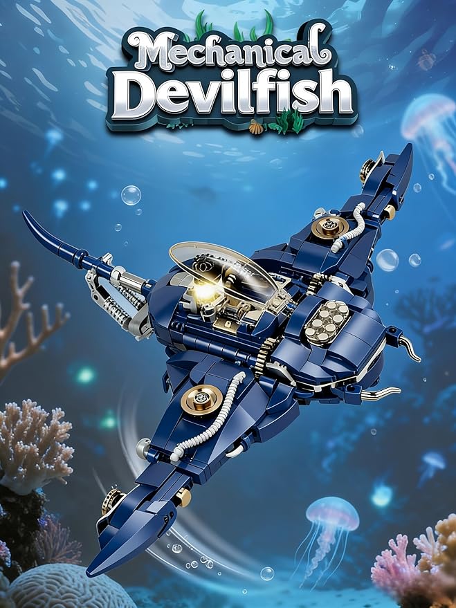 Devil Fish Building Set for Adults Sea Ocean Animals Model Toys with Light Compatible with Lego Fish Ideas Fish Toys with Display Stand for Office Home Decor for Boys Girls 8-14