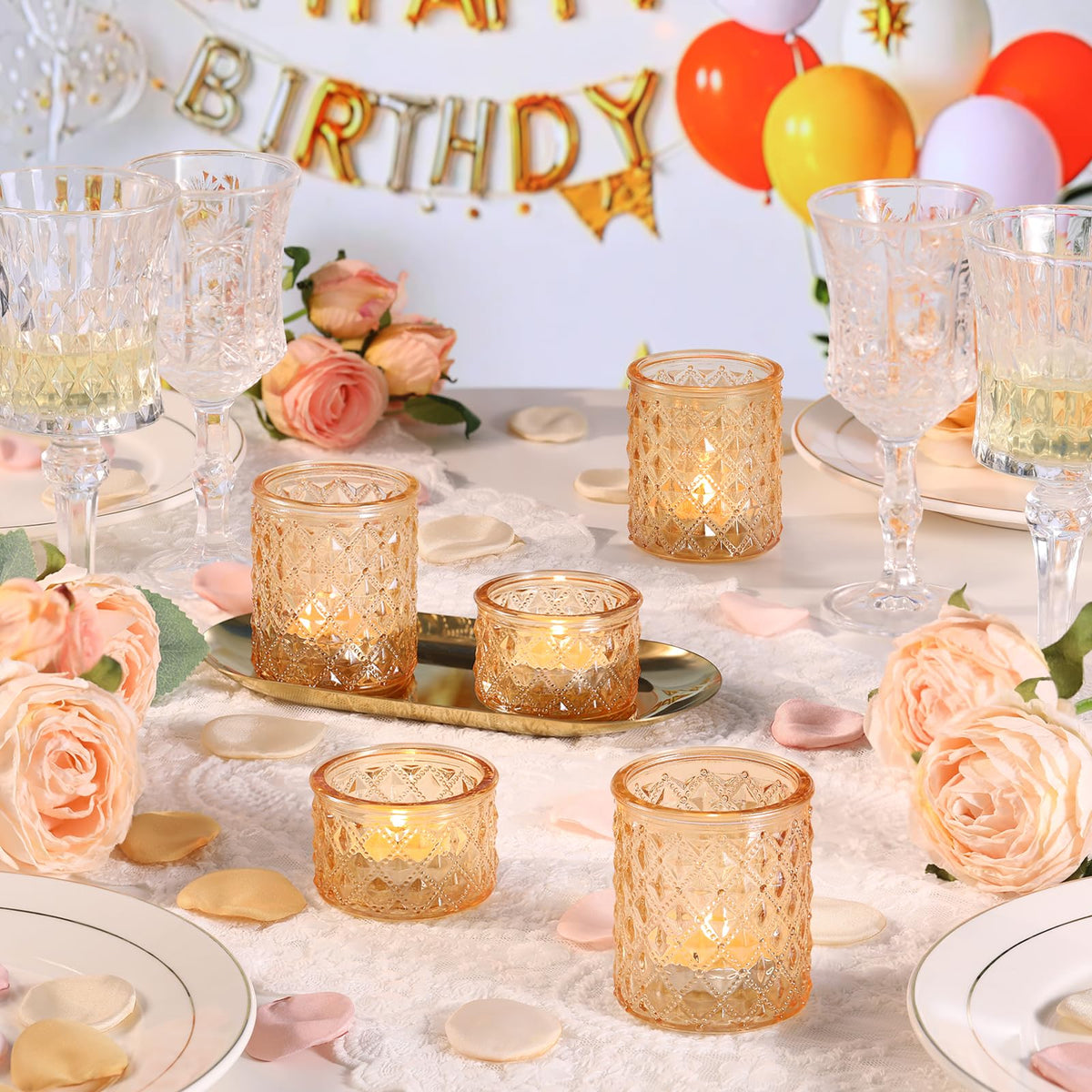 MATAHUM 20 Pcs Gold Glitter Diamond Tealight Candle Holders, Luxury Glass Votive Candle Holders Bulk, 2 Sizes for Wedding Centerpieces, Bridal Shower, Birthday, and Anniversary Party Decor