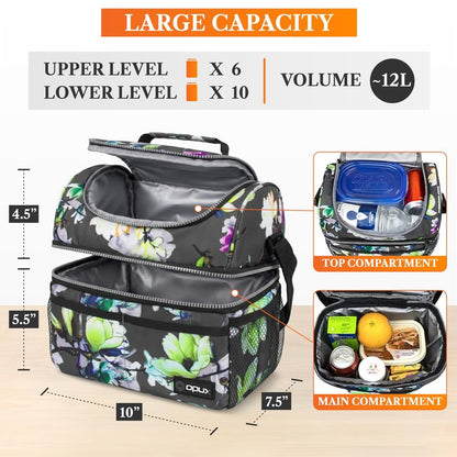 OPUX Insulated Lunch Bag for Women, Double Decker Leakproof Lunch Box Cooler Tote with Shoulder Strap, Large Lunchbox for Work School Travel Meal Prep, Adults Kids Men Girls Boys, Floral Gray, 16 Cans