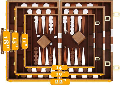 Backgammon Set - Classic Board Game with Premium Leather Case - Portable Travel Strategy Backgammon Game Set for Adults Kids (15inch Khaki)