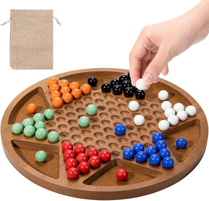 12-Inch Wooden Chinese Checkers Set - Classic Round Design with 60 Acrylic Marbles in 6 Vibrant Colors - Includes 12 Bonus Spare Marbles - Family Strategy Board Game for Kids and Adults