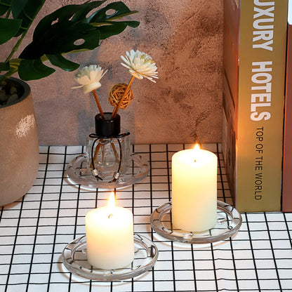 OwnMy 5PCS Clear Glass Candle Plates 3 Inch Pillar Candle Holders, Glass Coasters Small Round Candle Base & Plates and Trays for Dining Wedding Table Centerpieces