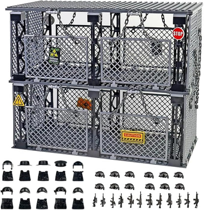 Closed Cage Building Blocks Set - Military Prison Battle Scene Building BlockCompatible with Lego World T-RexIncludes 10 Soldier Figures with Weapons