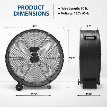 EliteEdge 30 in Industrial Drum Fan, High Velocity Floor Fan 3-Speed, Heavy Duty Metal Air Circulator with Caster Handle for Patios, Warehouses, Commercial, Factories and Workshops