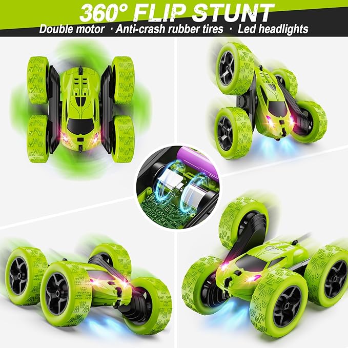 Remote Control Car for Kids Ages 6+ RC Cars Stunt Car Toy 4WD Double Sided 360° Rotating Remote Control with Headlights Birthday Xmas Gifts for Boys 6 7 8 9 10 11 12 Green