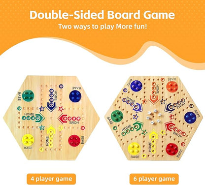 Wooden Board Game Original Marble Game Double Sided Painted 2 to 6 Player Fast Track Board Game Wooden with 6 Colors 24 Marbles 6 Dice for Adults Kids Family(15 INCH)