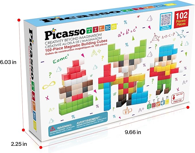 PicassoTiles 102pcs Pixel Magnetic Puzzle Cube 1” Pixel Mix &amp Match Toys with Ideabook STEM Education Learning Building Block Magnets Construction ToySet Stacking Creative Kit for Kids Age 3+ PMC1