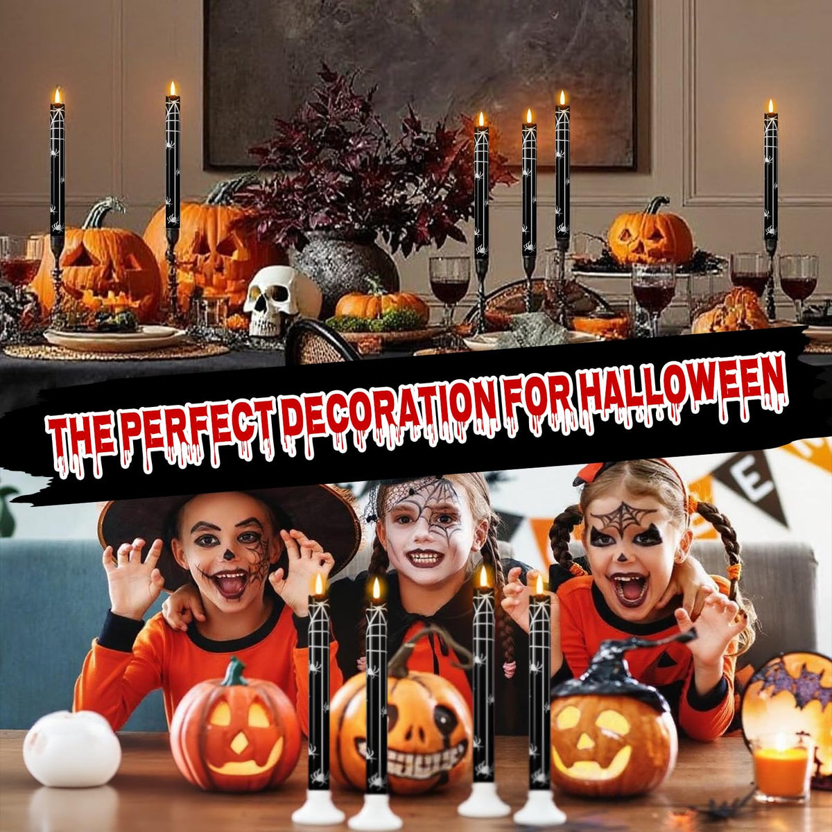 Eldnacele Halloween Flameless Flickering Taper Candles with Remote and Timer, Battery Operated Spider Web Decal Real Wax Black LED Window Candles Set of 4 Table Centerpiece Horror Halloween Decor