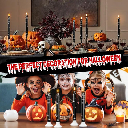 Eldnacele Halloween Flameless Flickering Taper Candles with Remote and Timer, Battery Operated Spider Web Decal Real Wax Black LED Window Candles Set of 4 Table Centerpiece Horror Halloween Decor