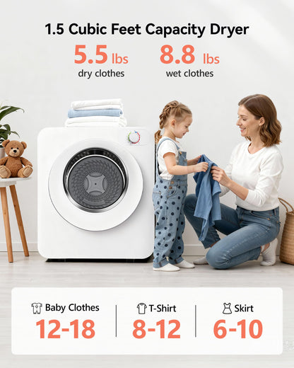 Euhomy Portable Clothes Dryer, 1.5 Cu.Ft. Portable Dryer, 850W Drying Machine with Front-Loading Stainless Steel Drum, 5 Functions, Suitable for Apartments, Dorms, RVs, Small Spaces