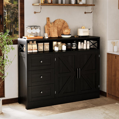 GAOMON 51Inch Sideboard Buffet Cabinet, Wood Rustic Coffee Bar Large Buffet Storage Cabinet with Drawers and Power Outlets Shelves Doors for Dining Kitchen Living Room, Black