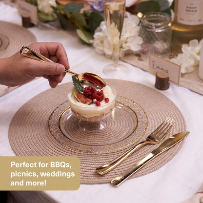 MATANA - 180 Gold Plastic Silverware Set (60 Knives 60 Forks 60 Spoons) Bulk Reusable Gold Plastic Cutlery Utensils for Party, Wedding, Dinner, Heavy Duty