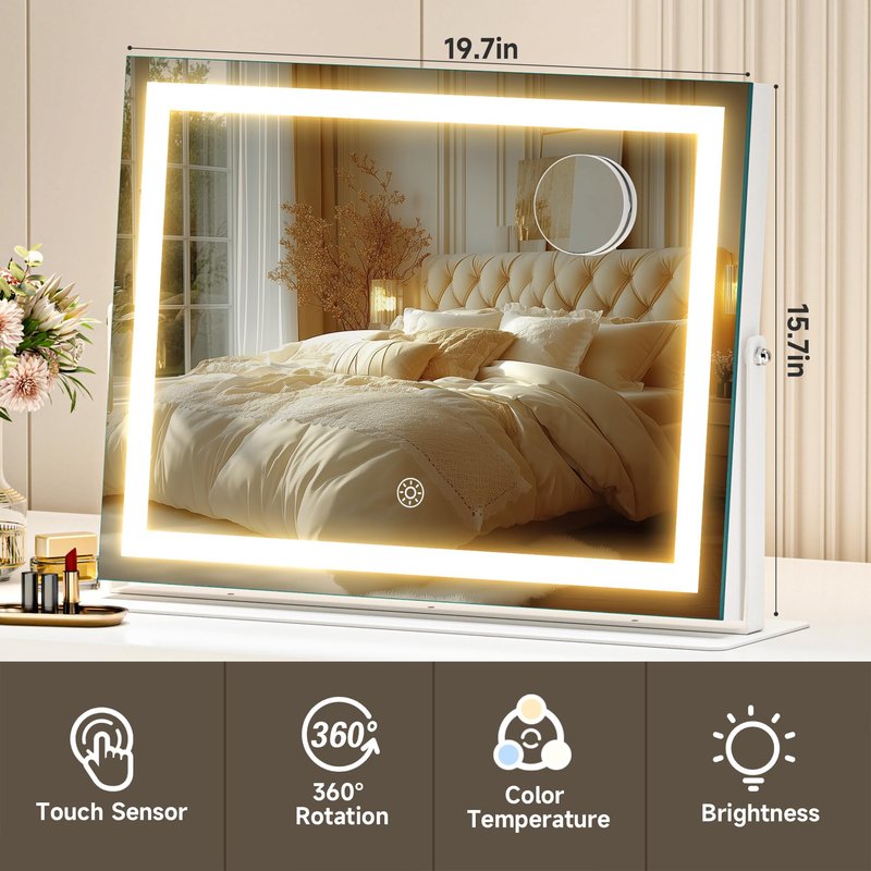 Hasipu Vanity Mirror with Lights, 19.6" x 15.7" LED Makeup Mirror, 3 Color Modes Touch Control and Brightness Adjustment Lighting Mirror, 10X Magnifying Glass, 360° Rotation