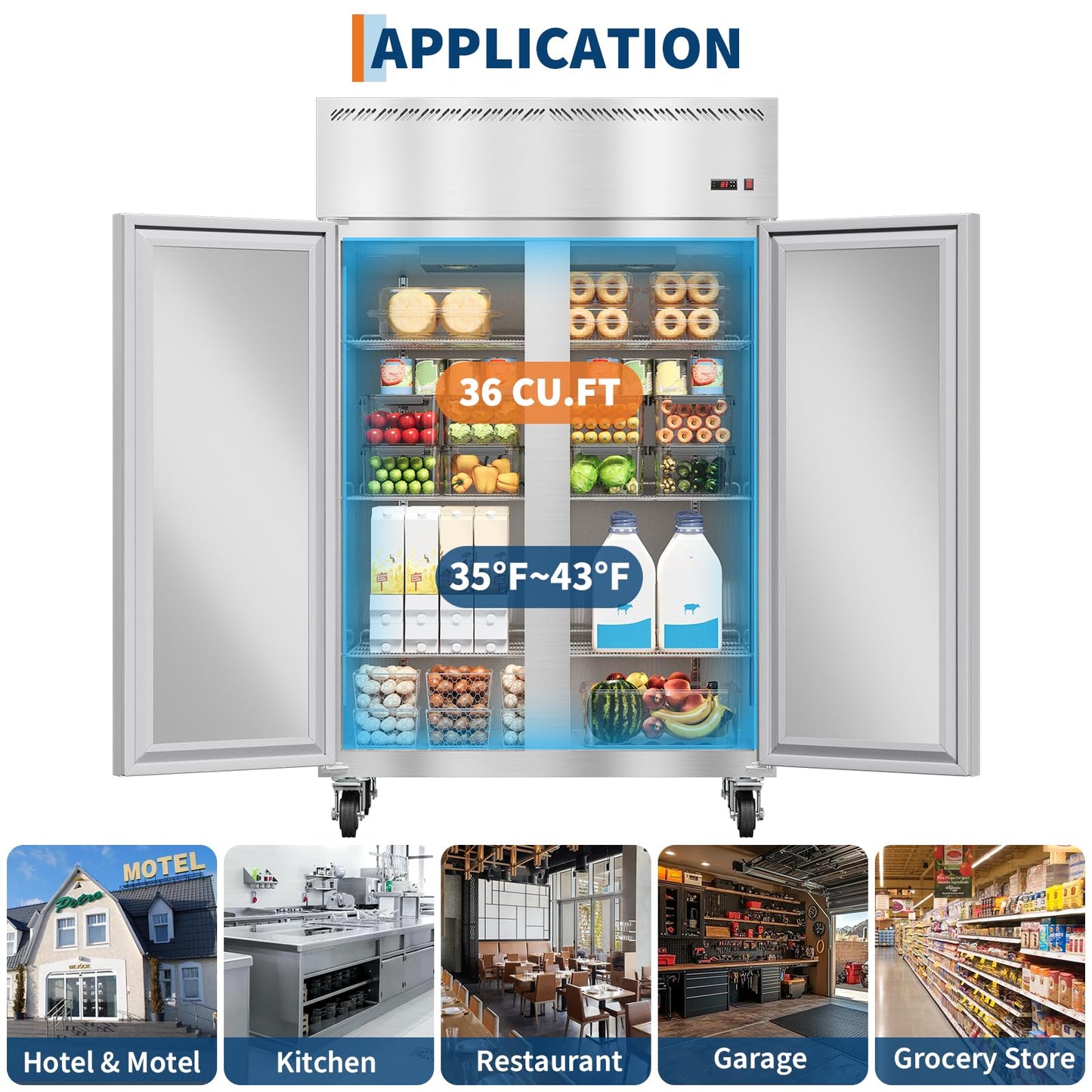 48 Inch Wide Commercial Refrigerator, 36 Cu.ft Upright Refrigerator Only No Freezer, 2 Door 2 Section industrial fridge with Auto Defrost & 6 Adjustable Shelves for Restaurant, Bar, Kitchen, Shop