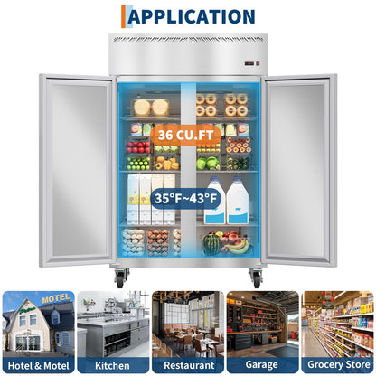 48 Inch Wide Commercial Refrigerator, 36 Cu.ft Upright Refrigerator Only No Freezer, 2 Door 2 Section industrial fridge with Auto Defrost & 6 Adjustable Shelves for Restaurant, Bar, Kitchen, Shop