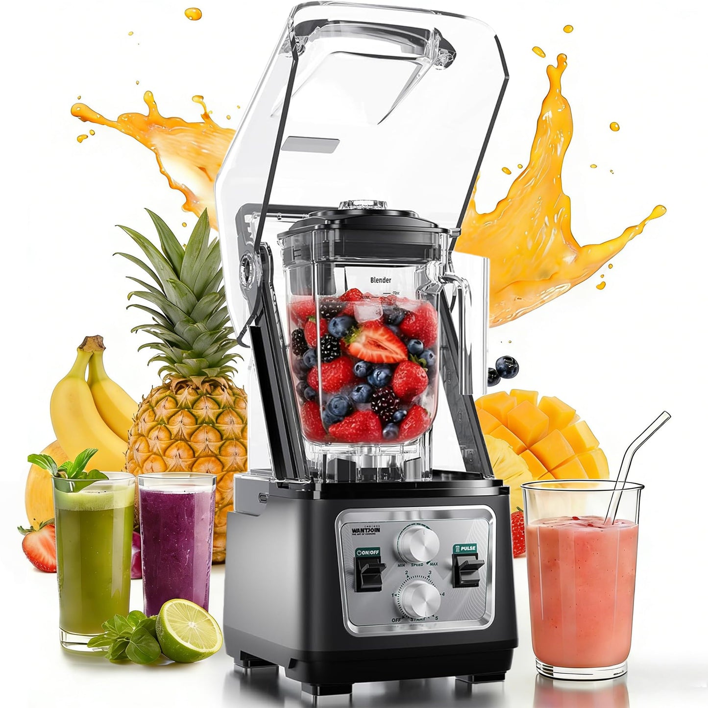 WantJoin Commercial Blender- 80Oz Quiet Shield Smoothie Blender, 1600W Professional Ice Crusher with 6 Blades & 15 Speeds, High-speed Ice Drink Maker for Restaurant Café Home, Dishwasher Safe