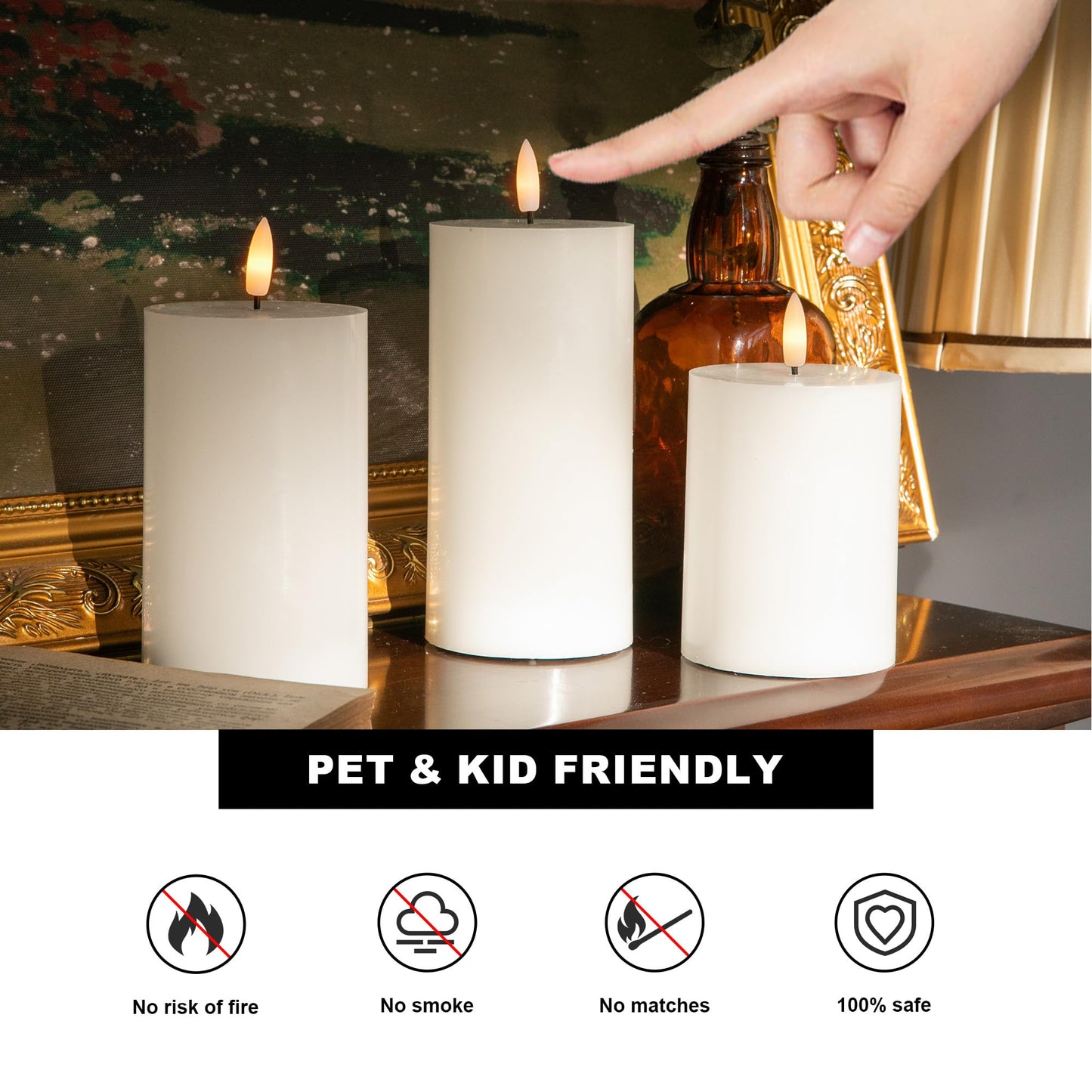 AFINETH White Flameless Pillar Candles, Battery Operated Wax Candles with Remote, Flat Top Flickering Flameless Candles, LED Candle for Home, Wedding, Party Decor, Set of 3, Φ 3" H 4" 5" 6"