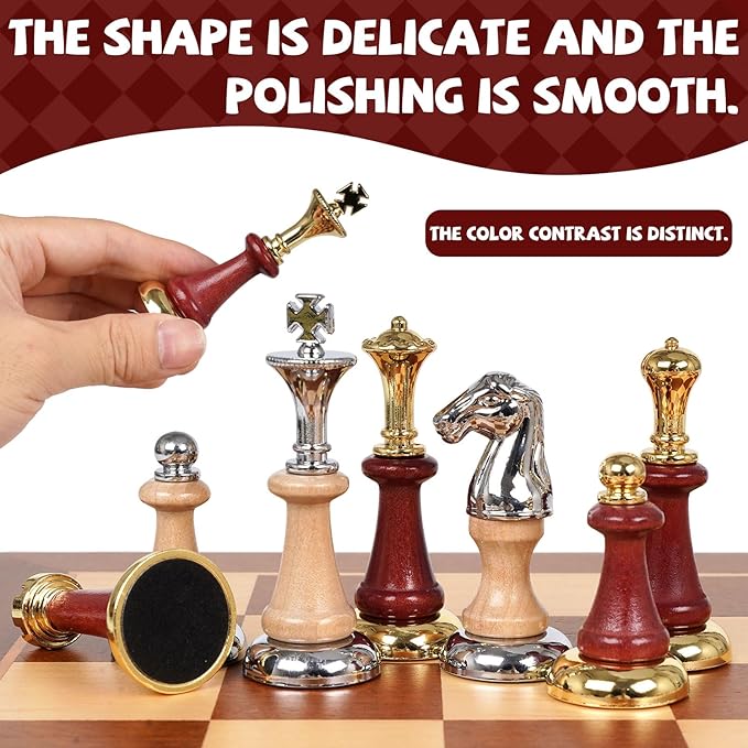 Large Wooden Chess Set with Metal &amp Wooden Chess Pieces Luxury 17 Inch Chess Board Game with 2 Extra Queens Premium Classic Strategy Board Game for Adults Kids Beginners &amp Gift Lovers