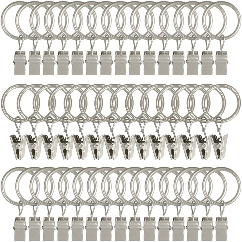 AMZSEVEN 44 Pack Metal Curtain Rings with Clips, Drapery Clips with Rings, Drapes Rings 1 inch Inner Diameter, Fits Diameter 5/8 inch Curtain Rods, Matte Silver