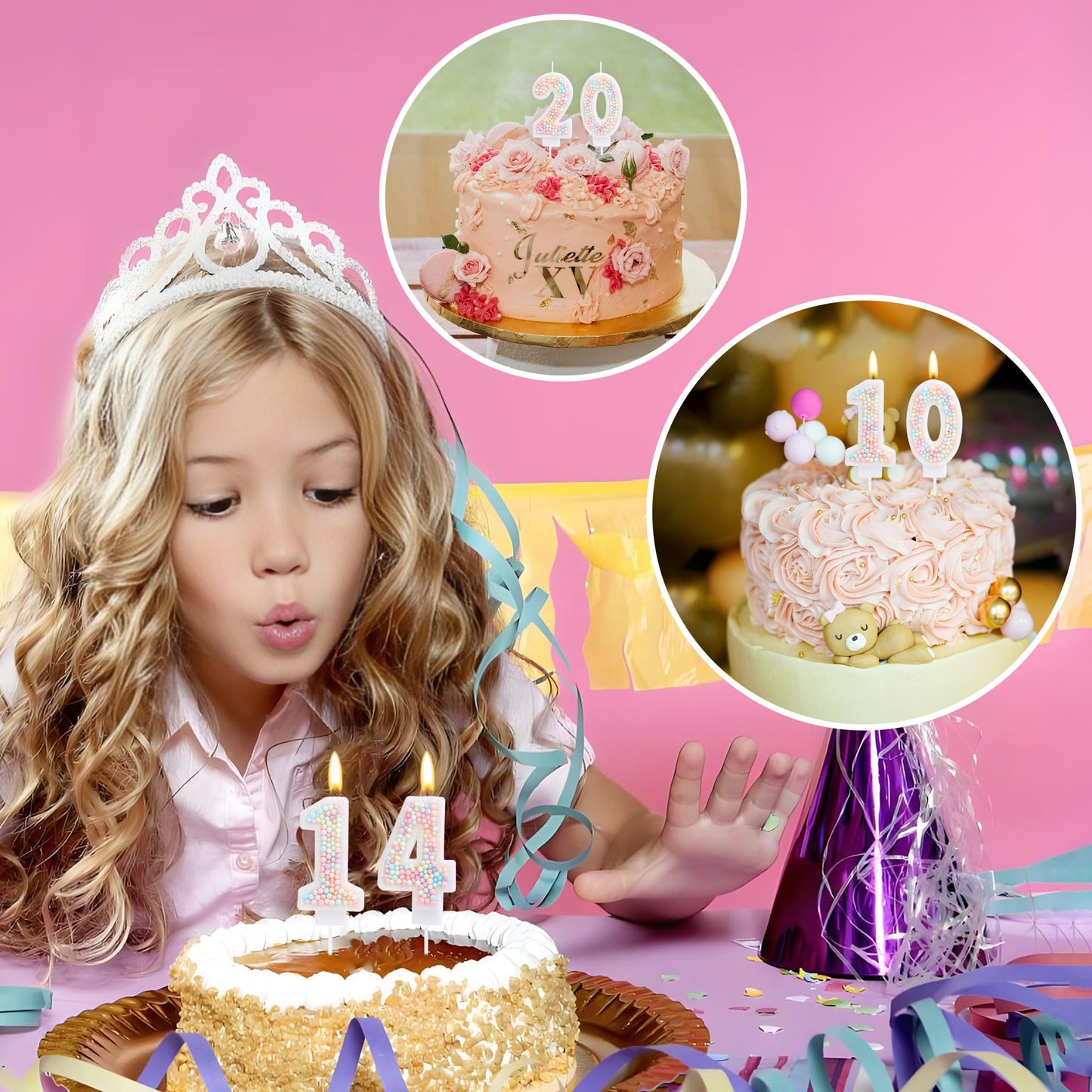 EAKE 14th Birthday Candle Macaron Glitter 3D Pastel Number 14 Candles for Birthday Cakes Girl Women Sweet Theme Birthday Wedding Anniversary Party Cake Decoration
