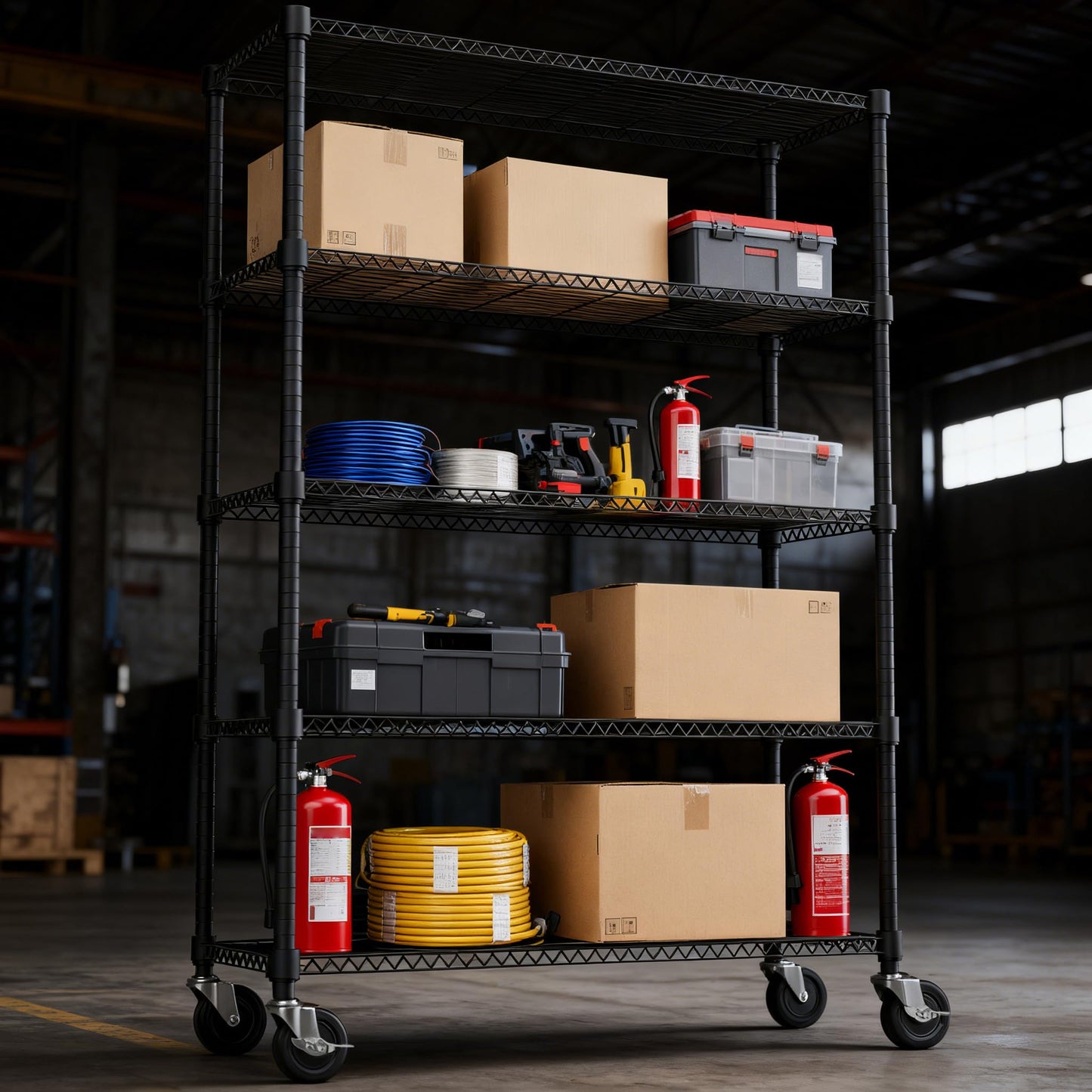 M MZG 1750LBS 47.2" W 5 Tiers Storage Shelves Metal Shelving Unit with Wheels Heavy Duty Garage Shelving Adjustable Wire Shelves for Pantry,Kitchen,Garage,Basement,Black 17.7" D x 47.2" W x 76.8" H