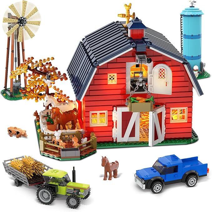 Western Farm Barn House Easter Building Set with Lights Newly Enhanced with Reinforced Structure 1434PCS Red Barn Building Toy with Animals Horse Tractor Windmill for Adults Boys Girls 10+