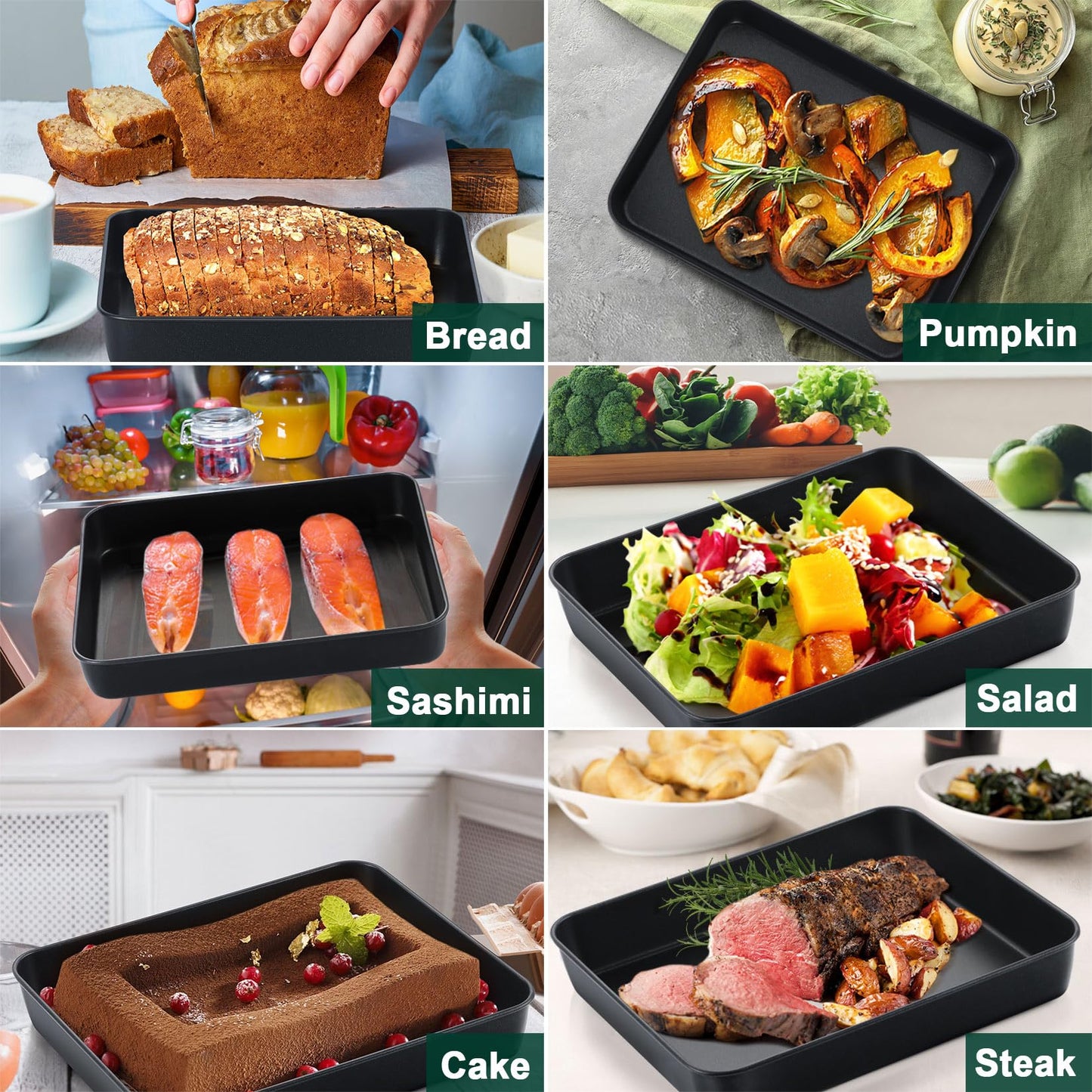 P&P CHEF Toaster Oven Pan with Lid, Nonstick Cake Lasagna Pan Rectangular Tray for Baking Roasting Storing, Stainless Steel Core & Plastic Cover, Oven & Freezer Safe, (9.4 Inch, 2Pcs)