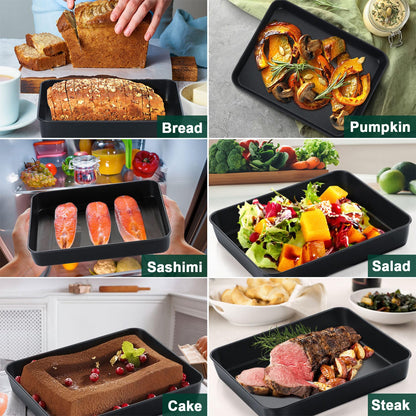 P&P CHEF Toaster Oven Pan with Lid, Nonstick Cake Lasagna Pan Rectangular Tray for Baking Roasting Storing, Stainless Steel Core & Plastic Cover, Oven & Freezer Safe, (9.4 Inch, 2Pcs)