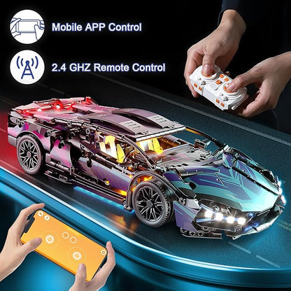 Sport Car Building Block Sets for Adults Technical Remote Control APP Race Car with LED LightsCollectible 1:14 Model Scale Engineering Toy Men Teens Boys Birthday Gift Age 8+ 8-12 12 13 14