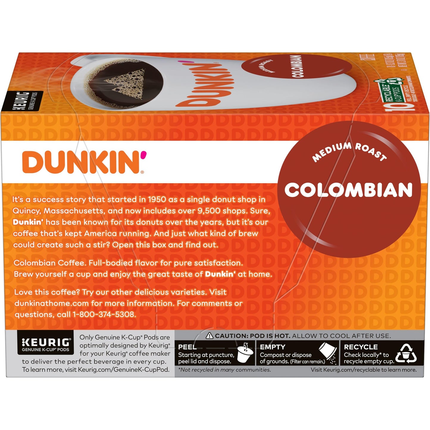 Dunkin’ Colombian Medium Roast Coffee, Keurig K-Cup Pods, 10 Count Boxes (Pack of 6)