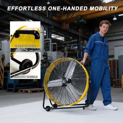 WARMLREC 24" Industrial Floor Fan, 8900 CFM High Velocity Drum Fan with 3 Speeds, Portable Heavy Duty Industrial Fan for Warehouse, Workshop, Factory, Commercial, Residential and Greenhouse Yellow