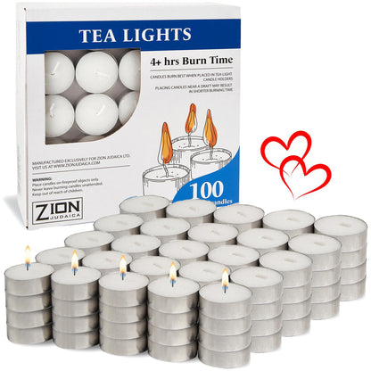 Zion Judaica Premium Unscented Tealight Candles Set Smokeless Multi-Pack Tea Candles Dripless Clean Burning Tea Lights Long Lasting Candlelight for Home Décor Religious Ceremonies (4 Hour, 100, Count)