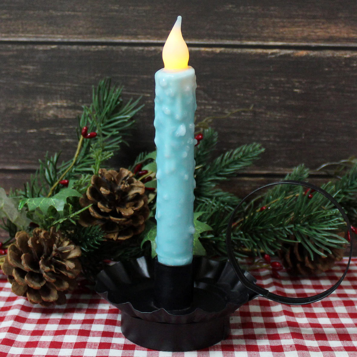 CVHOMEDECO. Real Wax Hand Dipped Battery Operated LED Timer Taper Candles Rustic Primitive Flameless Lights Decor, 6-3/4 Inch, Teal, 3 PCS in a Package