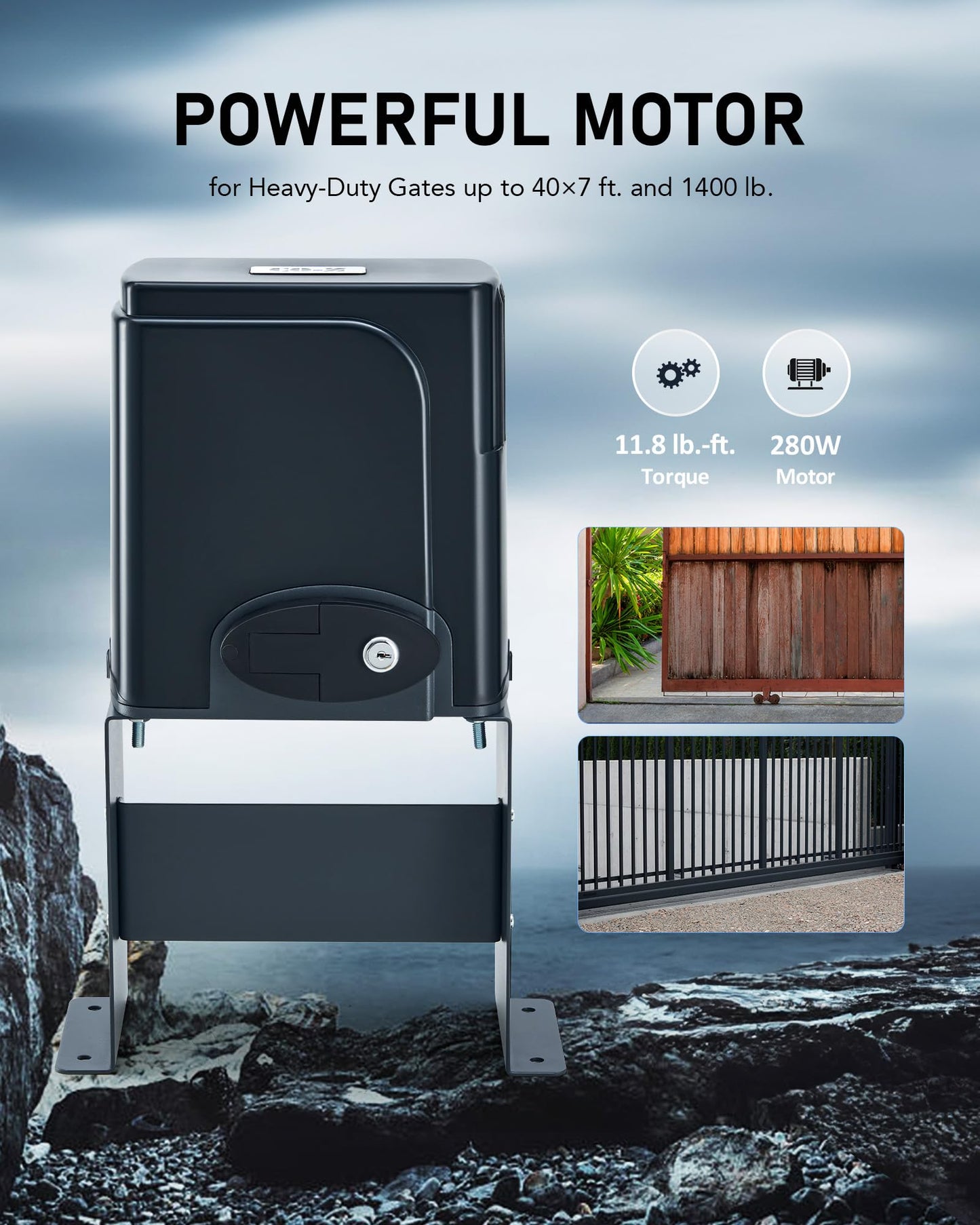 CO-Z CGHL14 Automatic Gate Opener, HomeLink Compatible Sliding Gate Opener for 1400lb 40ft Gates, Electric 280W Chain Operated Gate Opening Kit with IR Sensors Remotes, Driveway Home Garden