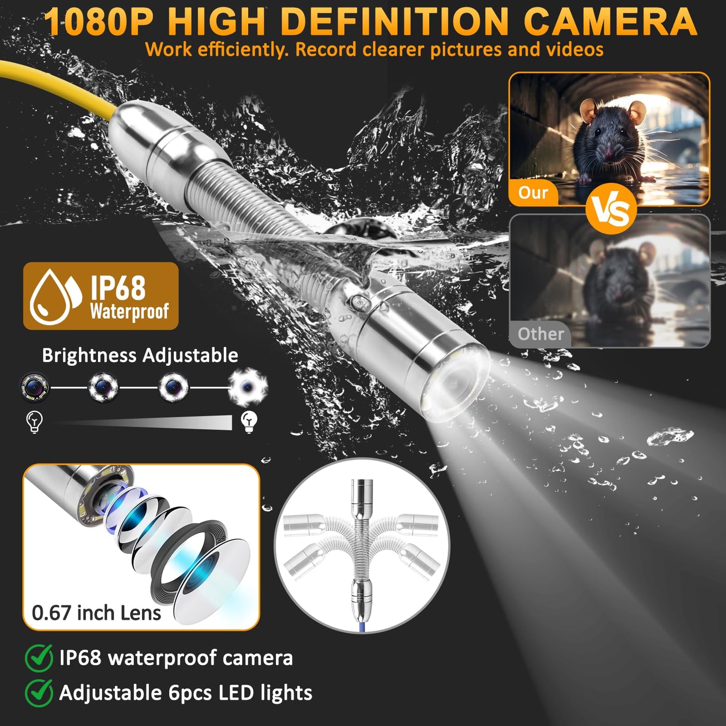 Sewer Inspection Camera, Pipe Drain Camera w/Distance Counter, Plumbing Snake Camera with light, 9'' HD IPS Screen,16X Digital Zoom,32GB Card,165FT/50M,IP68 Waterproof Borescope for Industrial Plumber