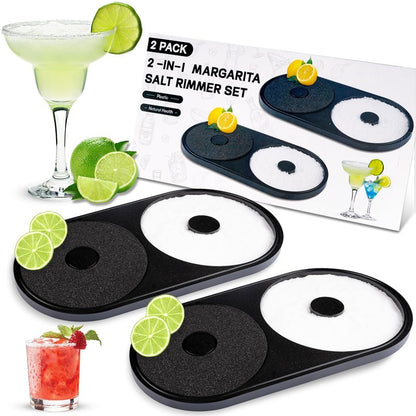 Margarita Salt Rimmer Set, 2 Pack Bar Salt and Sugar Rimmer with Sponge, 2-in-1 Bar Glass Cocktail Rim Set, Dishwasher Safe Black Barware Tools for Margarita Mojitos (Black)