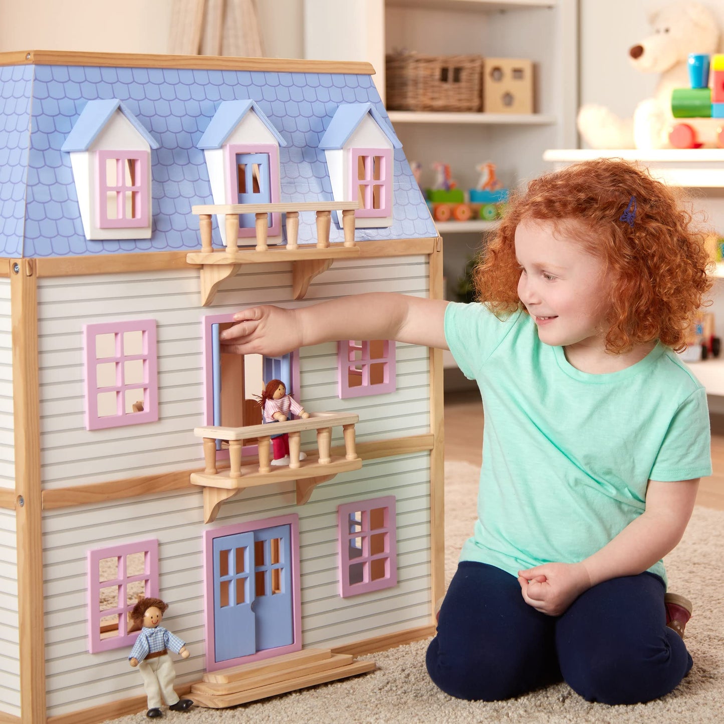 Melissa & Doug Wooden Multi-Level Dollhouse Wooden Multi-Story Pretend Play Dollhouse for Kids