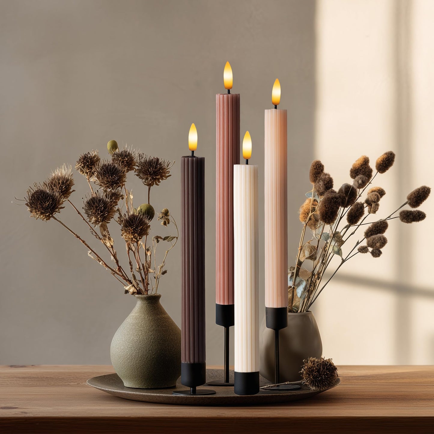 WYZworks Coordinated Chocolatey Mocha Brown 4 Pack, 10" Real Wax LED Flameless Fluted Ribbed Grooved Taper Candles, Remote & Timer Memory, On/Off Button, Dimmable, Battery Operated, Menorah Wedding