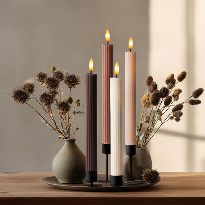 WYZworks Coordinated Chocolatey Mocha Brown 4 Pack, 10" Real Wax LED Flameless Fluted Ribbed Grooved Taper Candles, Remote & Timer Memory, On/Off Button, Dimmable, Battery Operated, Menorah Wedding