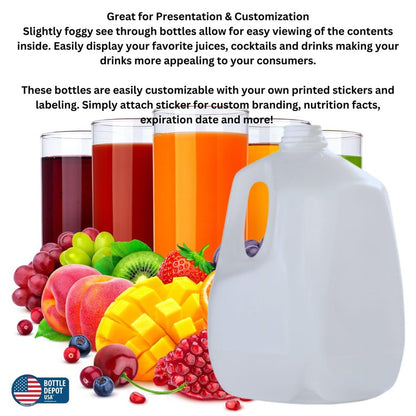 (4 PACK) 128 Oz Empty Plastic Gallon Juice Bottles with Tamper Evident WHITE Caps - Smoothie Bottles - Ideal for Juices, Milk, Smoothies, Picnic's and Even Meal Prep - Made in USA