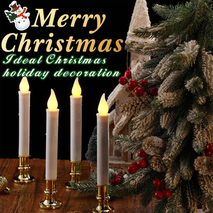 Baquler 8 Pcs Christmas LED Window Candles with Sensor Dusk to Dawn Light Sensor 9.37 Inches Cordless Flameless Battery Taper Candles with Flickering Amber Flame for Xmas Home Decor(Gold)