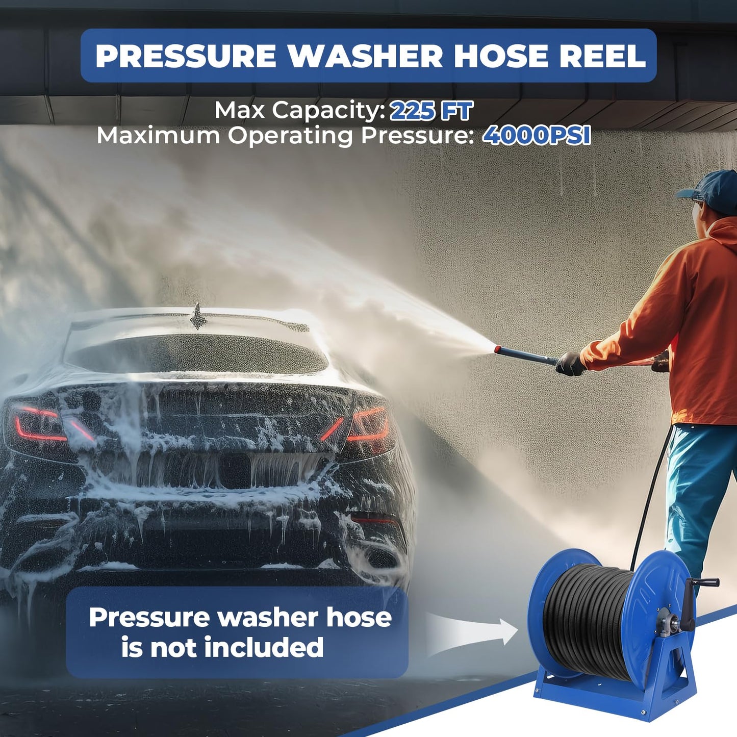 Dawot 4000 PSI Hand Crank Steel Air Hose Reel, Holds 1/2" x 225' Hose, Fits Air Compressor, Pressure Washer (Hose Not Included)