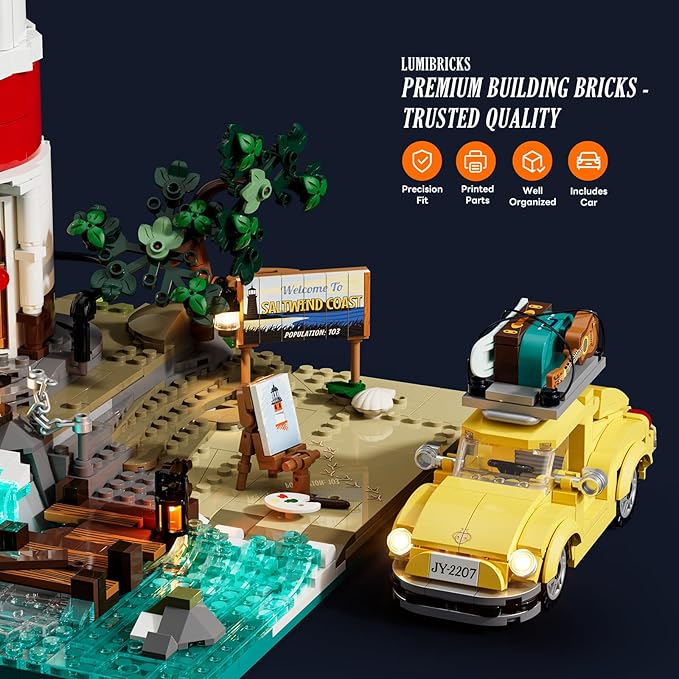 City Sunrise Lighthouse Lighting-Building-Bricks-Set - 1632 Pcs Road Trip Lighthouse Modular Collection LED Light Building Set for Adults and Travelling Enthusiasts