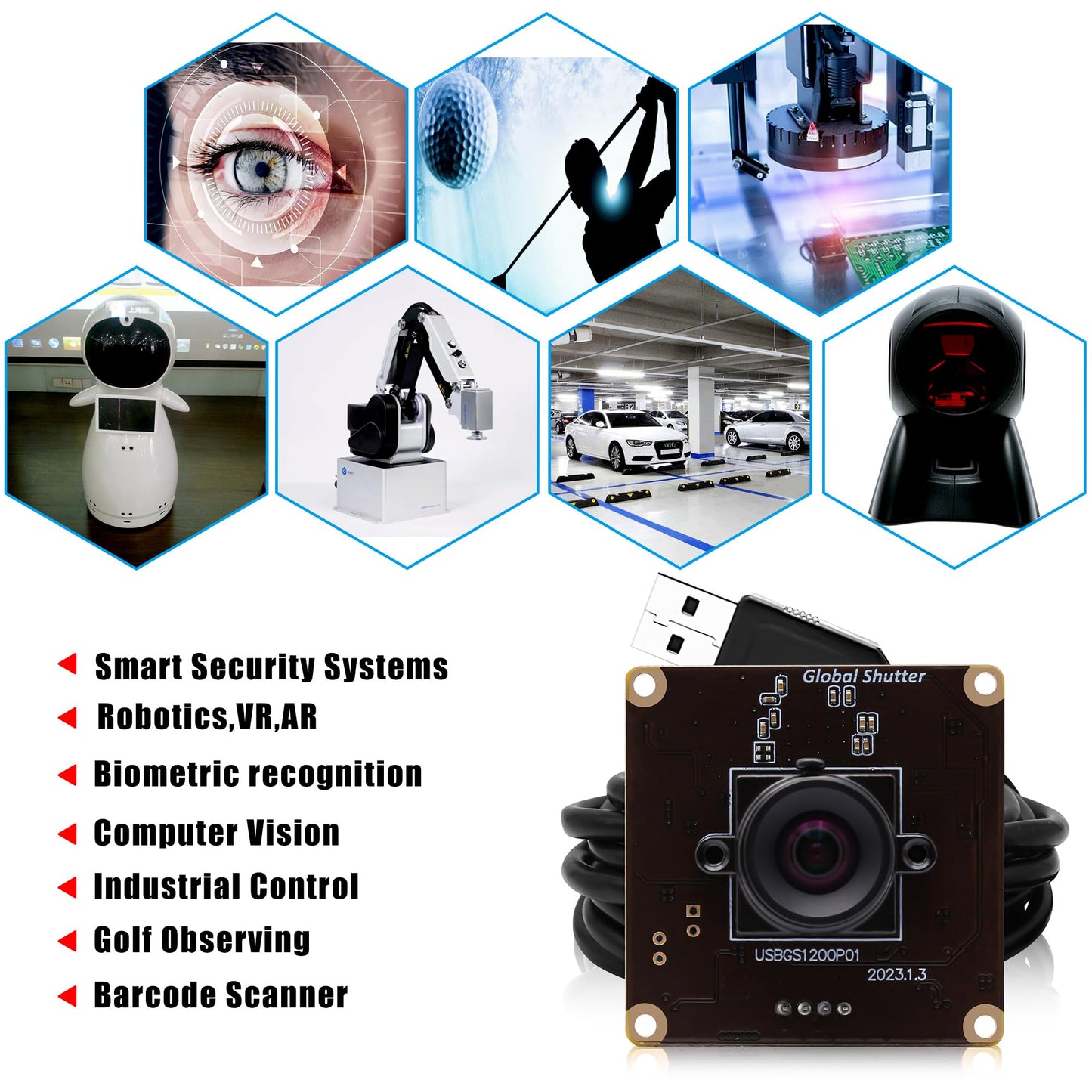 SVPRO Global Shutter USB Camera Module 90fps High Speed Webcam Board 1920x1200 2MP AR0234 UVC Webcam Module with Distortion Free M12 Lens for Computer,Slow Motion Board Camera for Golf Swing