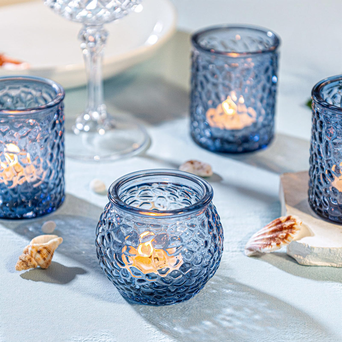 WELLIFE 24-Piece Blue Glass Votive Candle Holders Set – Tealight Candle Holder Glass Bulk with 12 Round & 12 Hammered Textured Cups, Blue Votive Candle Holders for Weddings, Parties, Home