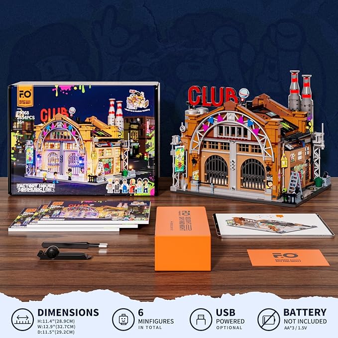 FUNWHOLE Factory House of Music Lighting Building Bricks Set - Street Fusion Music Club City Town Fully Accessible Multi-Form Modular Collection Kit 2654 Pcs for Adults &amp Teens &amp Street Cultur