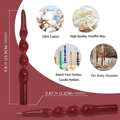 10 Inch Taper Candles Spiral Candle Unscented Handmade Set of 4 Smokeless Long Burning Twisted Candlesticks for Wedding Decoration Christmas(Red)