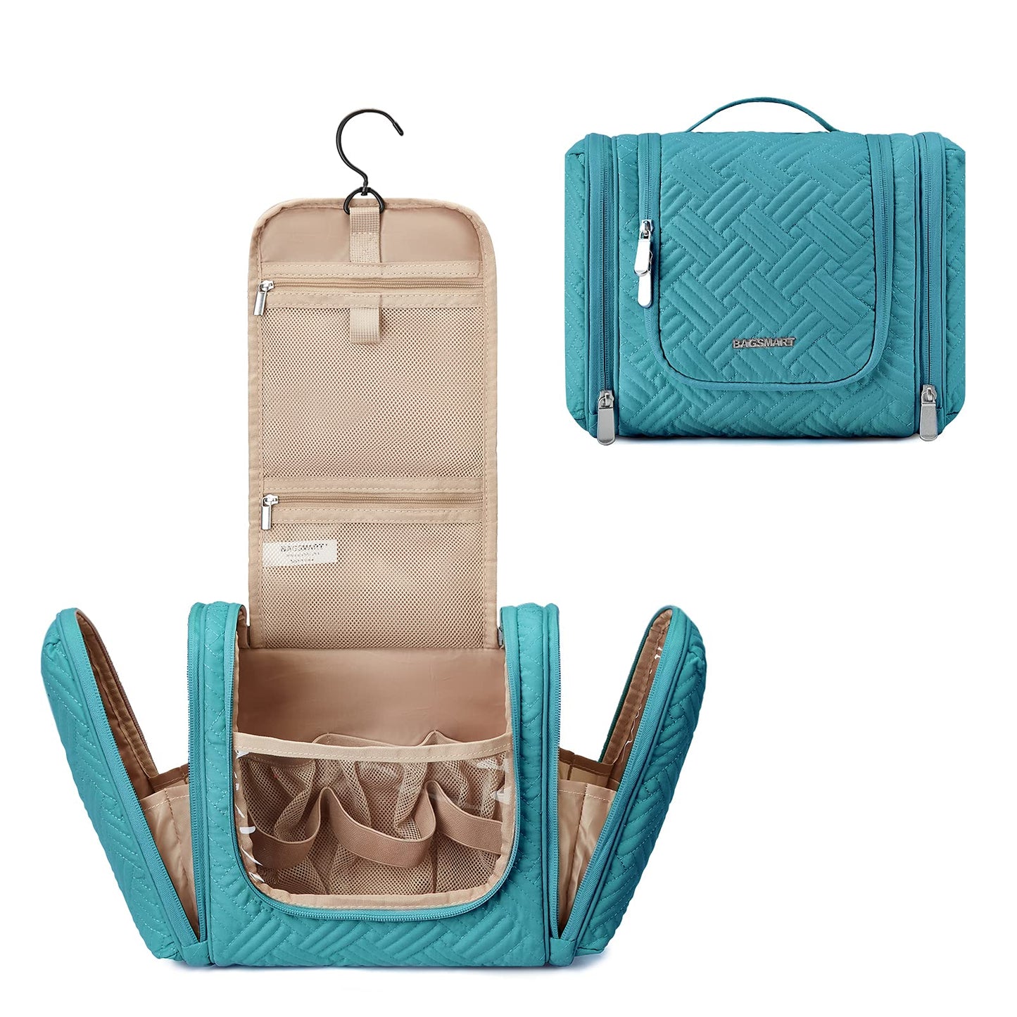 BAGSMART Large Travel Toiletry Bag for Women, Hanging Toiletry Bag with Hook, Travel Cosmetic Makeup Bag Travel Organizer for Accessories, Shampoo, Full Sized Container, Toiletries,Blue-Large