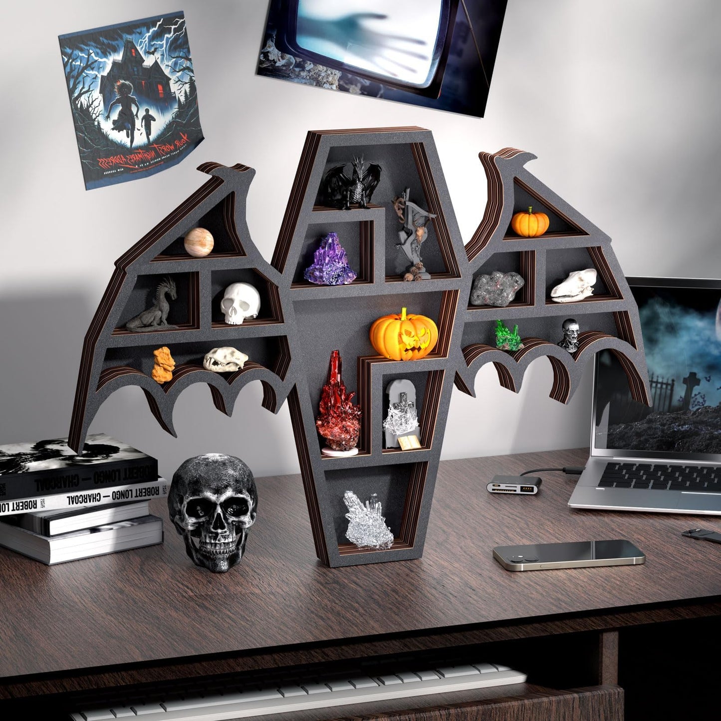Qmetalart Coffin Shelf with Bat Wings, Wooden Gothic Decor for Display or Storage Rocks Mini Figures, Wall Hanging & Tabletop Crystal Display Shelf Gothic Home Decor